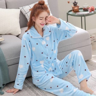 家居服套装 加厚睡衣女秋冬季 卡通开衫 法兰绒加大码 冬天 珊瑚绒韩版