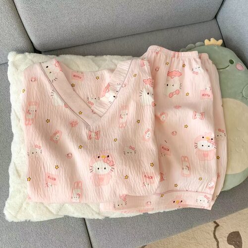 新款云朵棉睡衣女士卡通夏季V领棉纱短袖短裤套装宽松大码家居服