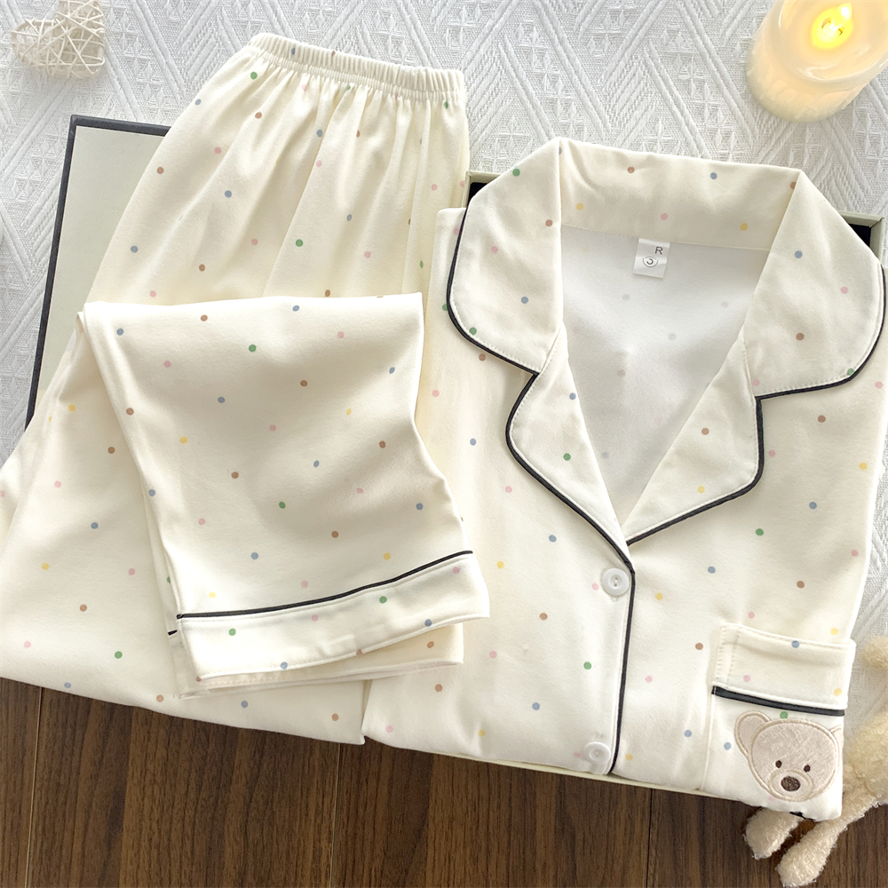 韩版德绒波点小熊睡衣女款秋冬季加厚保暖长袖长裤甜美家居服套装