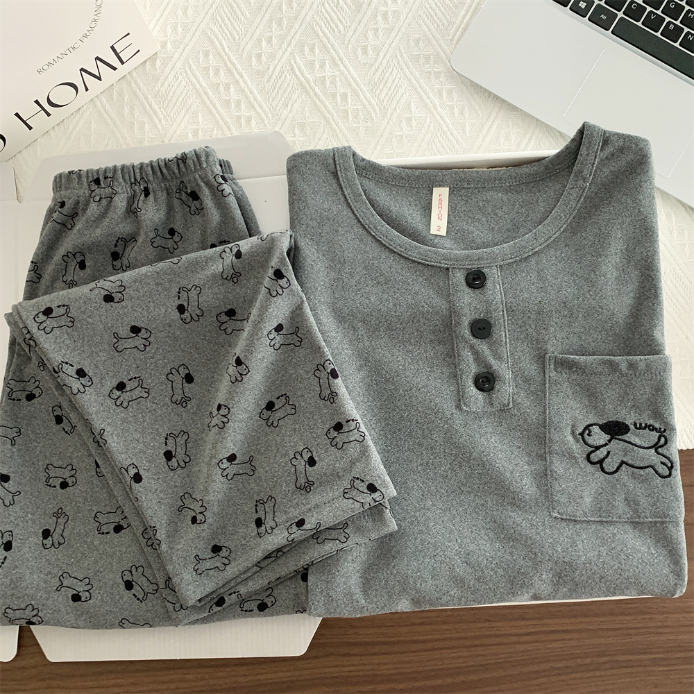 德绒睡衣女长袖长裤保暖套装简约刺绣可爱韩版秋冬季可外穿家居服