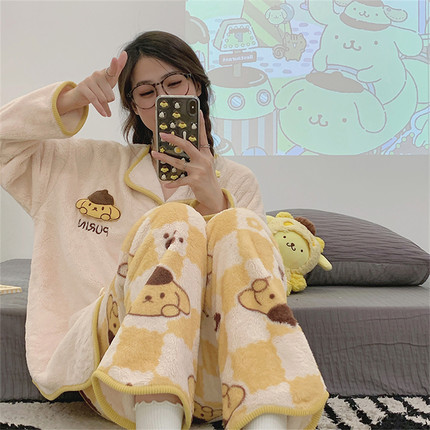 卡通睡衣女秋冬季珊瑚绒加绒加厚法兰绒网红款学生可爱家居服套装