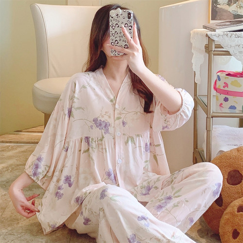 网红小红书同款睡衣女纯棉绸套装