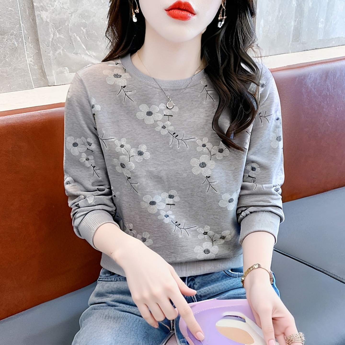 洋气印花秋季灰色卫衣外套