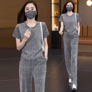 休闲时尚 套装 女2026年新款 大码 裤 夏季 胖MM圆领短袖 子两件套 女装