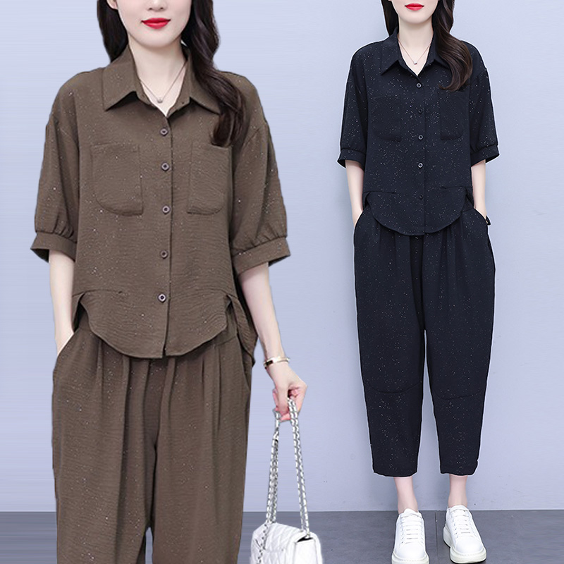 夏季新款洋气套装女2025年胖MM时尚细闪衬衫+宽松显瘦减龄两件套