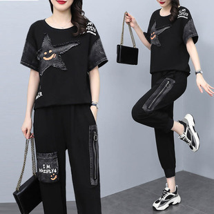 牛仔套装 裤 女2025夏季 胖mm黑色显瘦印花短袖 子两件套 新款 休闲时尚