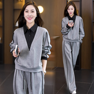 大码女装假两件翻领上衣长裤两件套女秋季洋气胖妹妹运动时尚套装
