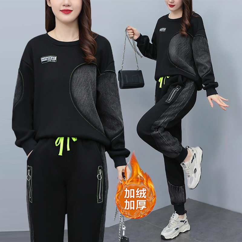 冬季加绒加厚时尚休闲套装女胖妹妹2025新款宽松卫衣牛仔裤两件套