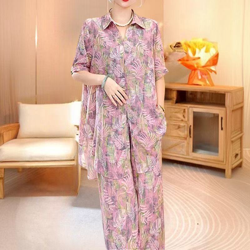 大码女装印花衬衫+阔腿两件套女
