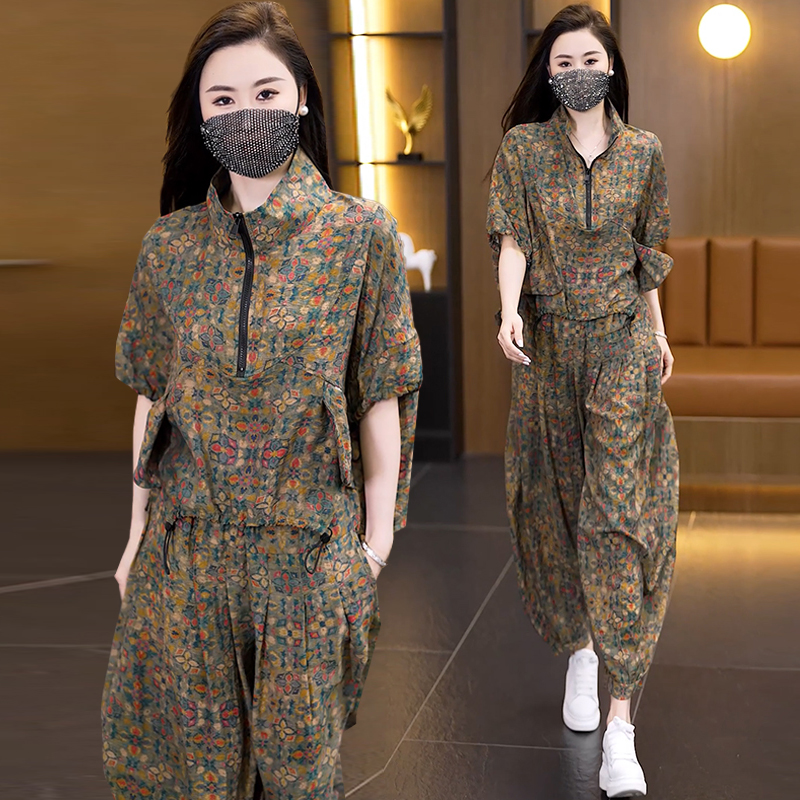 大码女装夏季衬衫+裤子两件套