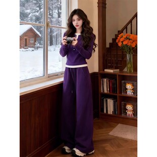 韩系紫色连帽假两件卫衣阔腿裤两件套女2026春款运动休闲套装