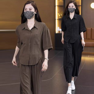 夏季新款洋气休闲套装女2026年胖MM时尚短袖衬衫+休闲裤子两件套
