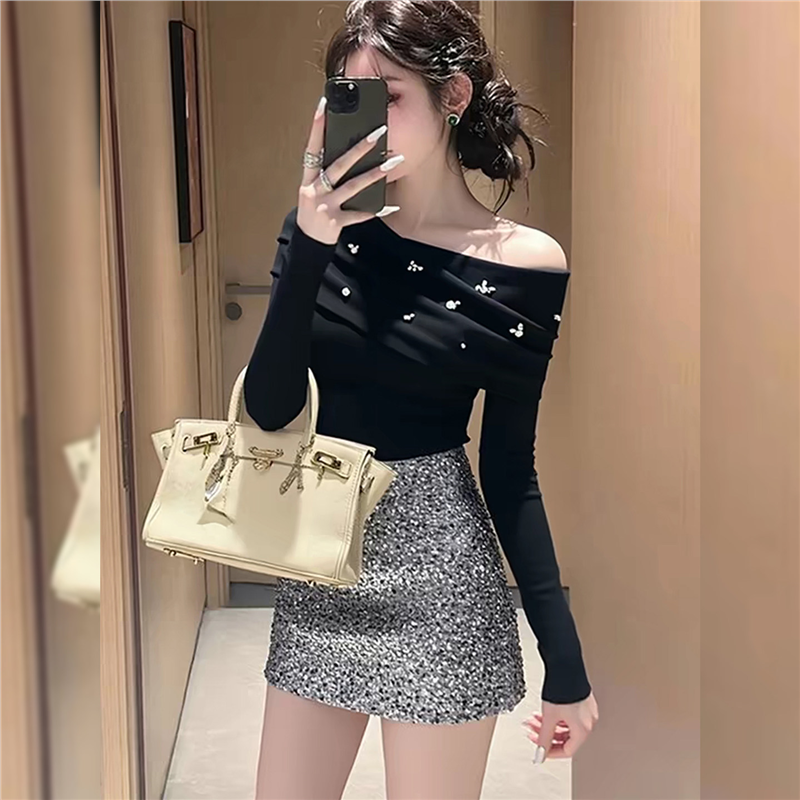 高级感黑色一字肩露肩长袖上衣女内搭2026年春季新款修身显瘦上衣,女装/女士精品,大码内搭,淘宝优惠券,粉丝福利购,淘宝优惠卷