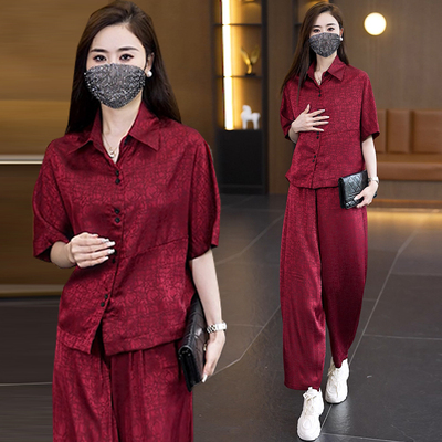 夏季宽松舒适红色衬衫+裤子两件套女2025年新款大码女装时尚套装