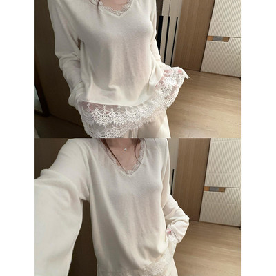 白色蕾丝花边内搭拼接长袖打底衫