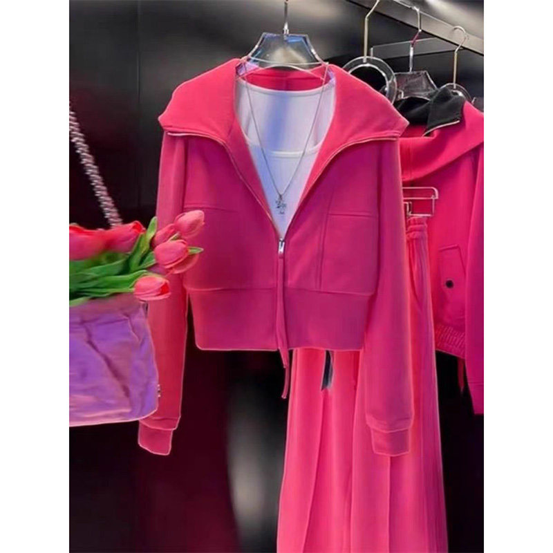 春季玫红色运动套装女2026年新款设计感翻领拉链卫衣阔腿裤两件套