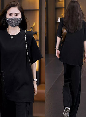 大码女装2026夏季新款时尚套装镶嵌钻百搭黑色短袖上衣长裤两件套