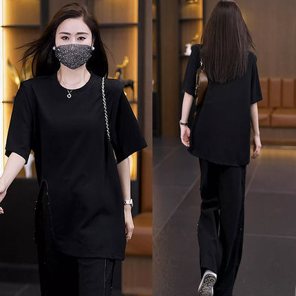 大码女装2026夏季新款时尚套装镶嵌钻百搭黑色短袖上衣长裤两件套