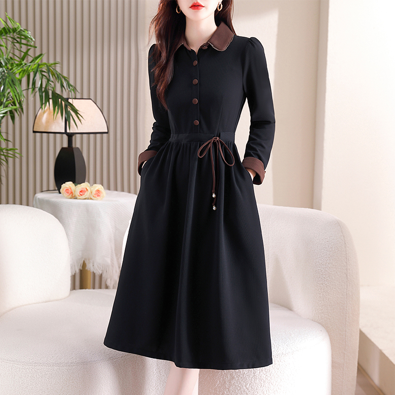 秋季咖啡色单层有弹力收腰有口袋长袖花边领连衣裙女2025新款裙子