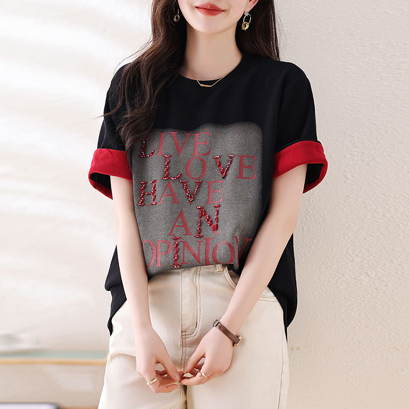 中年妇女上衣大码高端大气上档次短袖t恤女2025新款夏季字母钉钻