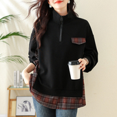 卫衣女大码 女装 2026年冬季 假两件格子拼接长袖 新款 设计感宽松上衣