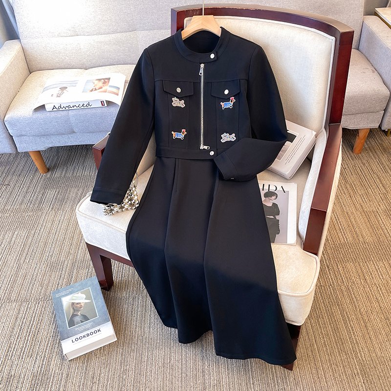 大码女装时尚休闲套装女2025年秋季新款百搭吊带裙黑色外套两件套