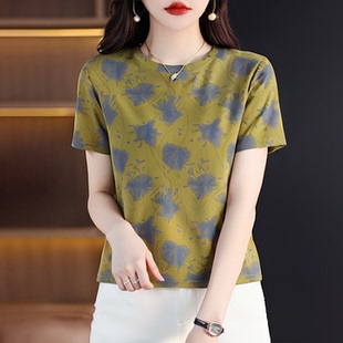 宽松显瘦上衣 绿色夏季 今年流行印花圆领纯棉短袖 t恤女装 2025新款