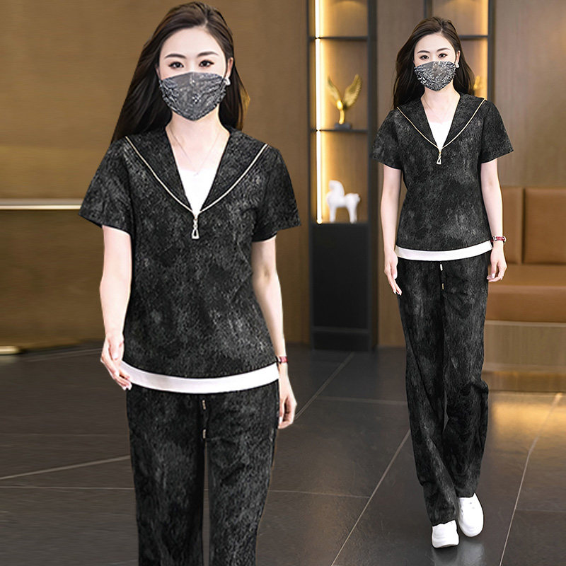 大码女装潮牌休闲运动服套装女2026夏季新款时尚短袖+裤子两件套
