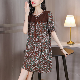 大码女装复古雪纺碎花短袖中长款连衣裙女2026年夏季新款百搭裙子