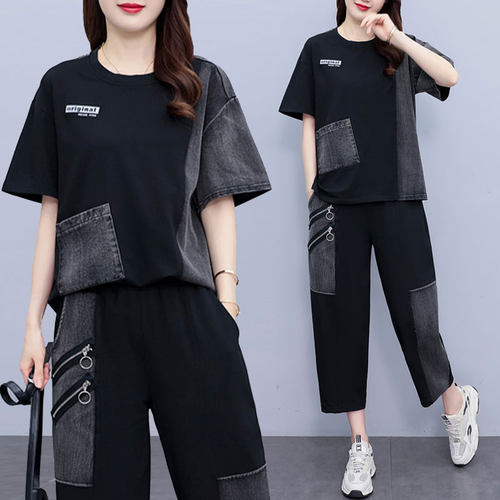 牛仔短袖裤子休闲套装女大码时尚