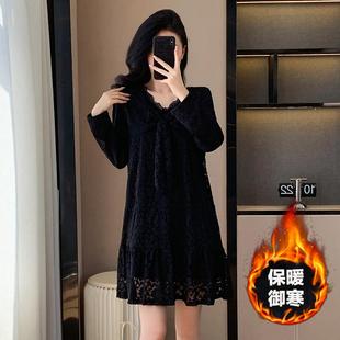 新款 2025冬季 胖mm遮肉蕾丝加绒加厚减龄蝴蝶结打底连衣裙 女装 大码