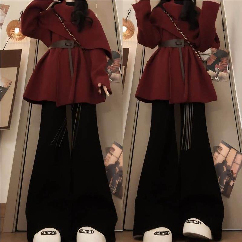 秋冬搭配一整套韩系穿搭红色斗篷披肩毛衣外套加绒微喇裤两件套女,女装/女士精品,大码套装,淘宝优惠券,粉丝福利购,淘宝优惠卷