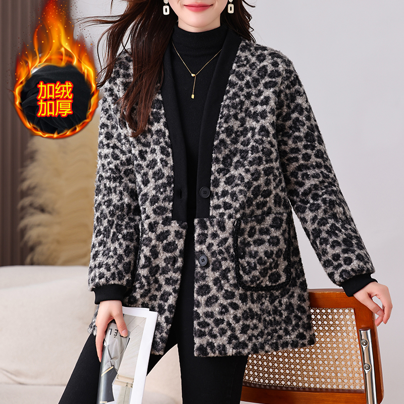 胖mm百搭宽松中长款豹纹外套女