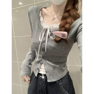 韩系纯欲bm风假两件长袖T恤打底衫女春秋高级感拼接蕾丝短款上衣