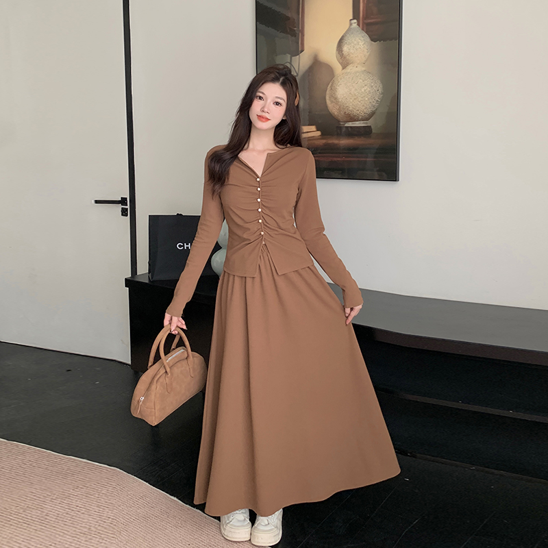 大码女装法式茶歇修身上衣+半身裙两件套女2025秋装新款胖mm套装