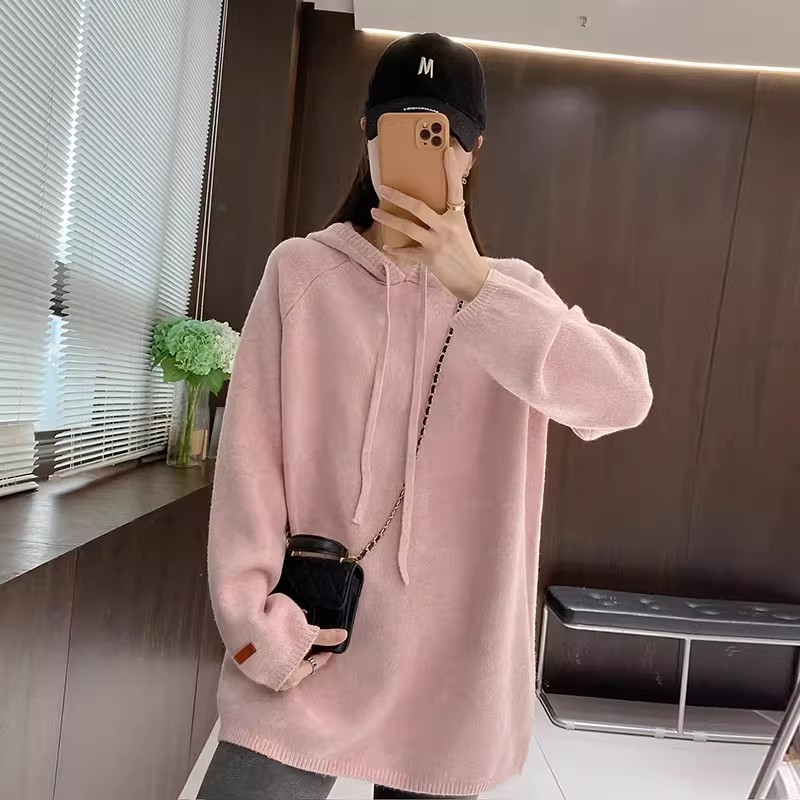 大码女装加厚大版连帽毛衣针织衫