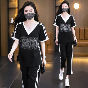 大码女装休闲烫钻时尚胖MM套装女2026夏季新款短袖上衣裤子两件套