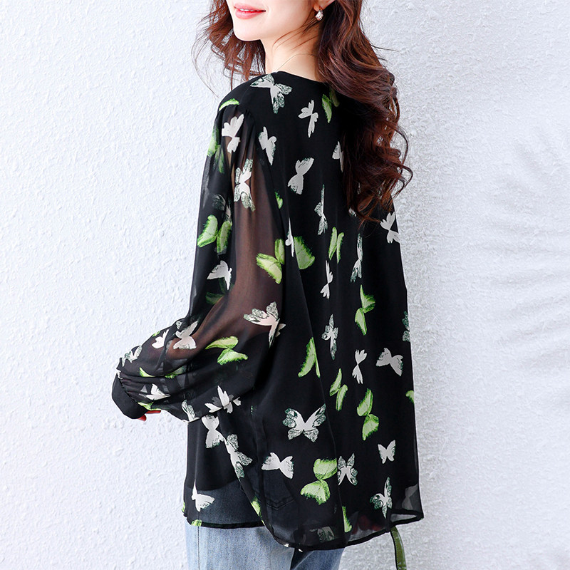 大码女装2026秋季新款设计感蝴蝶印花雪纺长袖薄款衬衫女士上衣女