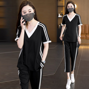 夏季宽松显瘦拼接短袖七分裤两件套女2026新款胖MM远动休闲套装女