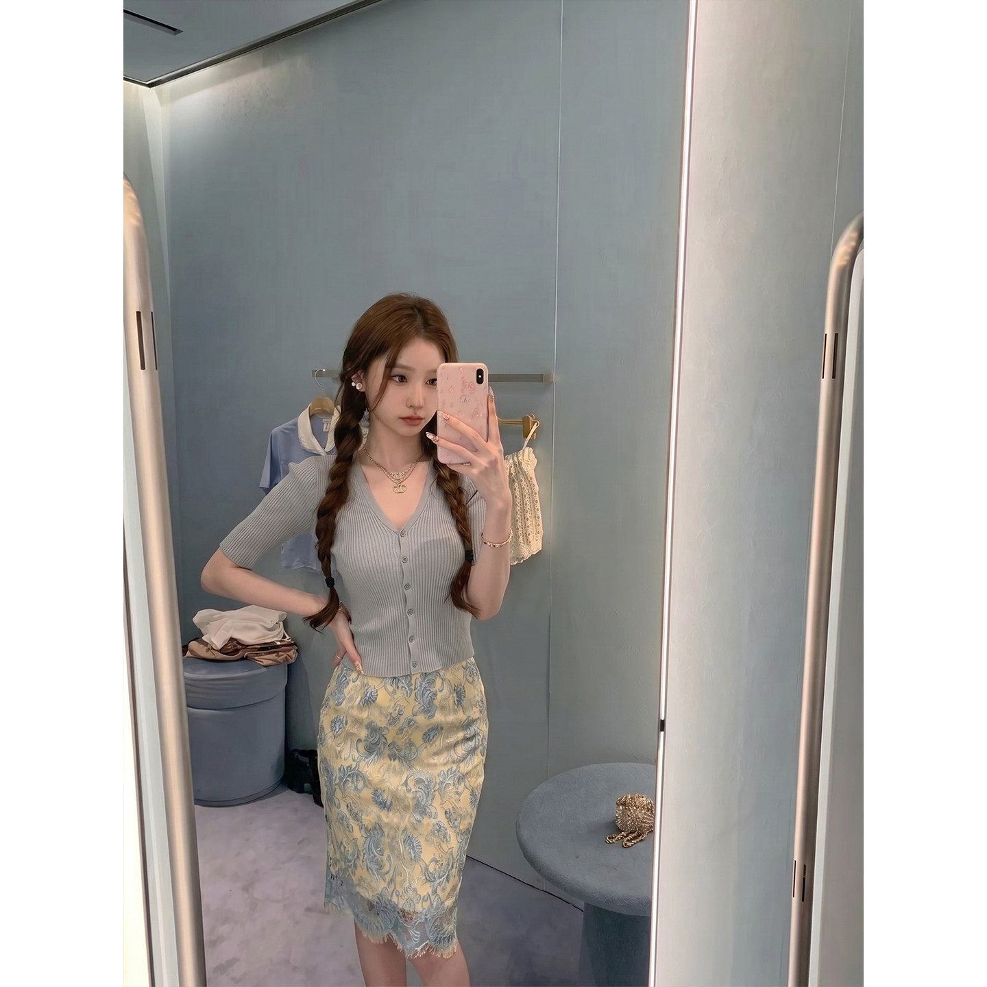 正品专柜法式温柔风气质套装女夏季v领针织开衫提花包臀短裙两件