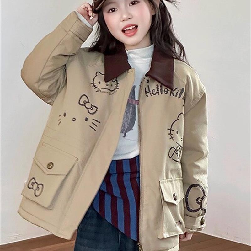 女孩韩系立领夹棉外套中长款儿童卡通棉服超好看大童棉衣2025新款