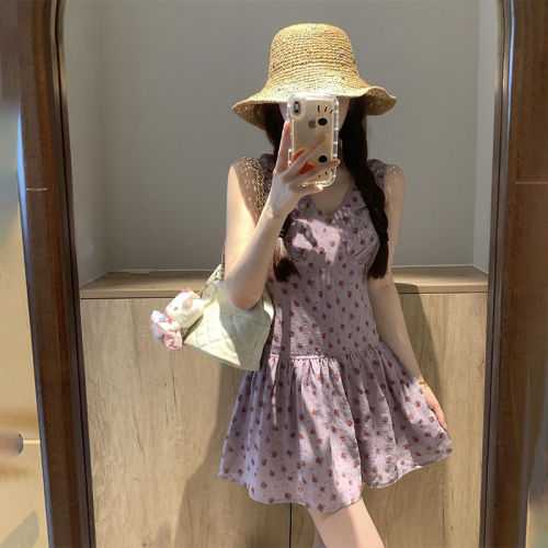 正品专柜法式纯欲紫色V领无袖碎花连衣裙子女减龄收腰显瘦无袖a字