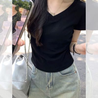 正品专柜法式v领复古正肩t恤女卡腰显瘦遮肉短袖纯欲风短款配高腰
