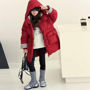 女童冬季加厚中长款棉服2025新款中大童红色羽绒棉棉衣儿童本命年