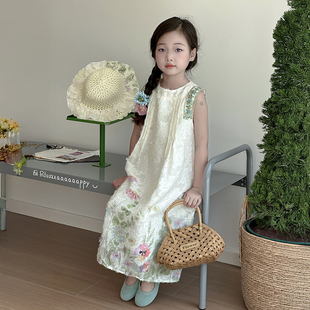 女童裙子高級感夏2025新款 海邊度假沙灘裙兒童碎花連衣裙 女孩夏季