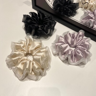 A0044 缎面拼接欧根纱珠珠肠圈高级感小众气质轻奢女时尚精致夏日