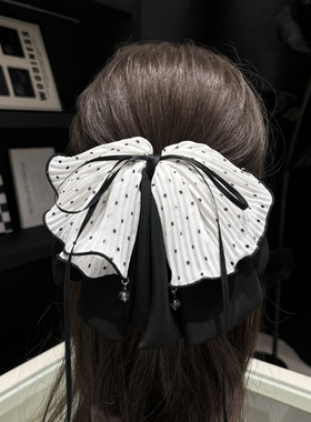 E4292 法式新款波点高级感蝴蝶结飘带马尾夹百搭超仙抓夹后脑勺女