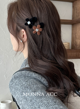 E3920 甜美可爱黑色五瓣花朵发夹2024新款精致刘海夹碎发边夹女