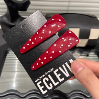 E5190 韩系红色波点鸭嘴夹一对显白百搭刘海夹发夹可爱复古一字夹