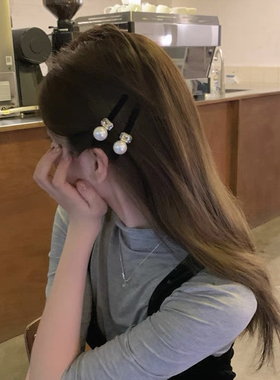 E2470 两只装 长款早秋方形珠珠发夹 边夹 鸭嘴夹 百搭植绒侧边夹